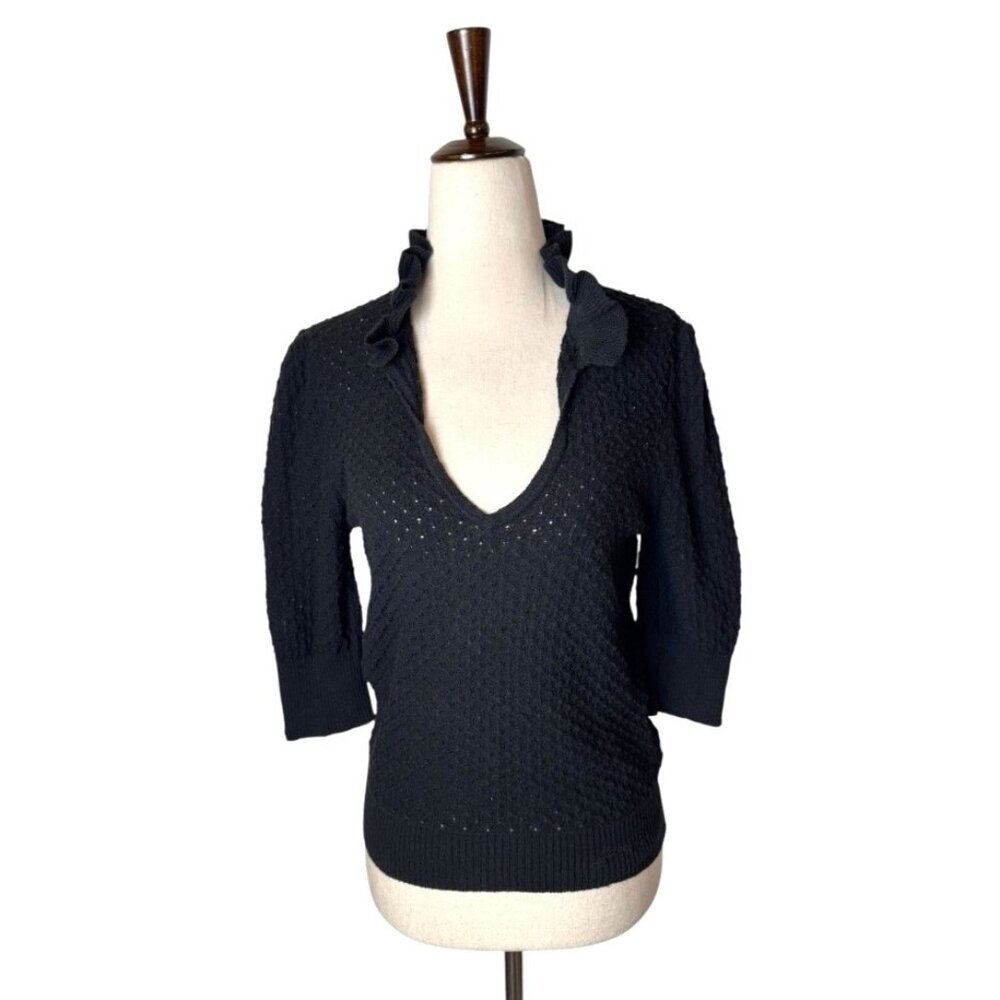 Ganni Sweater Women Small Black Linen Cotton Blend Textured Knit Ruffle Collar‎